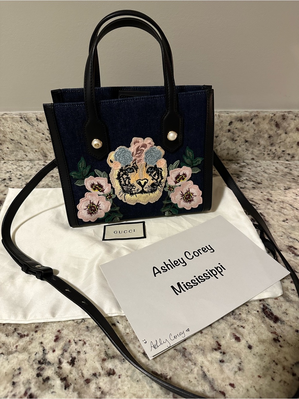 Gucci Denim Pearl Embroidered Tiger Floral Crossbody Japan Exclusive Bag Purse